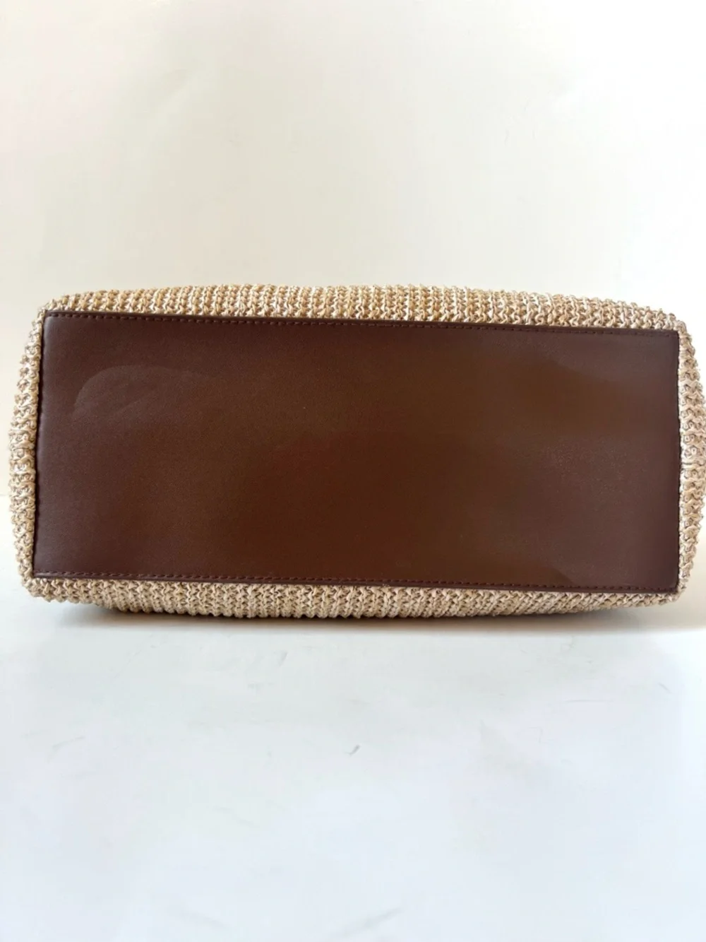 Relativity Woven Straw Tote Bag with Brown Leather Handles Beachy Coastal - Picture 8 of 11